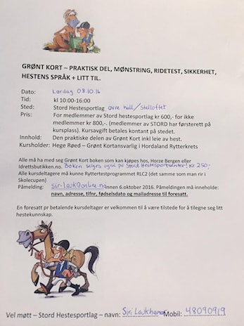 Grønt kort- praktisk del vert arrangert på Stord Hestesportsenter 08.10.